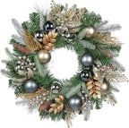 24 inch Christmas Door Wreath, Norfolk Pine Wreaths for Front Door with Silver Ball Glittered Leaf Spray Stems Pinecones Berries for Fireplace Xmas Decorations, Wall Window Indoor Outdoor Decor