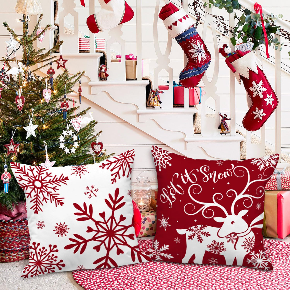 Lanpn White and Red 18x18 Christmas Pillow Covers Set of 4, Decorative 18 Inch Winter Snowflake Throw Pillow Case Xmas Cushion Cover for Indoor House Sofa Red