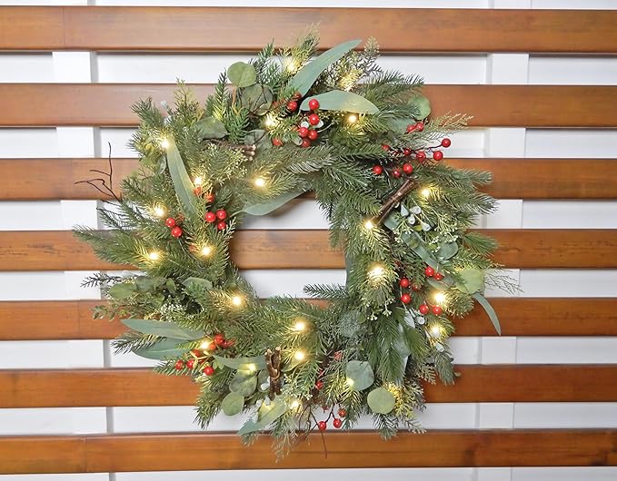 Big 26" D Pre-Lit Christmas Greenery Pine Wreath w Real Grapevine Base (35 Led Lights, 8 Flash Options) for Xmas Decoration: Shop Home Decor Front Door Living Room Wall Window (Battery)