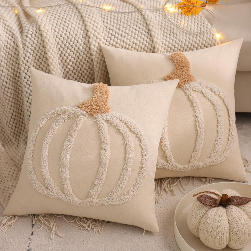 LUOYEHK Halloween Pillow Covers 18x18 Set of 2 White Pumpkin Embroidered Throw Pillow Covers Farmhouse Thanksgiving Home Decor Cushion Covers for Couch Sofa Bed