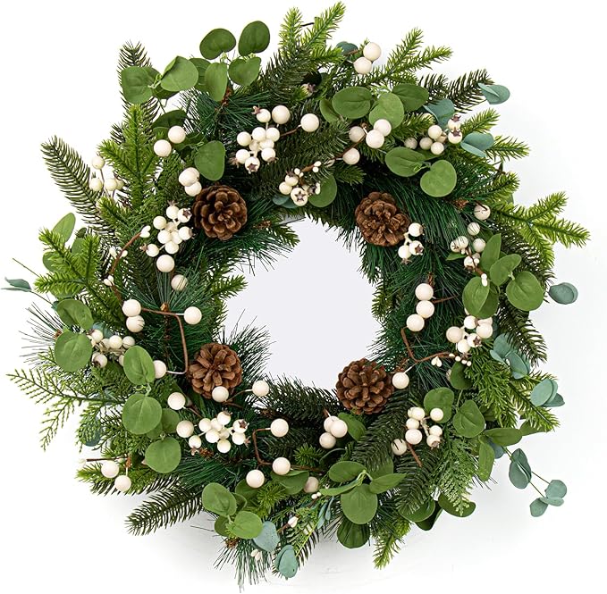 20 Inches Vintage Christmas Wreath Classic Christmas Wreaths for Front Door Rustic Holiday Winter Wreath with White Berry Pine Cones for Doors Windows Indoors Outside Hanging Decoration