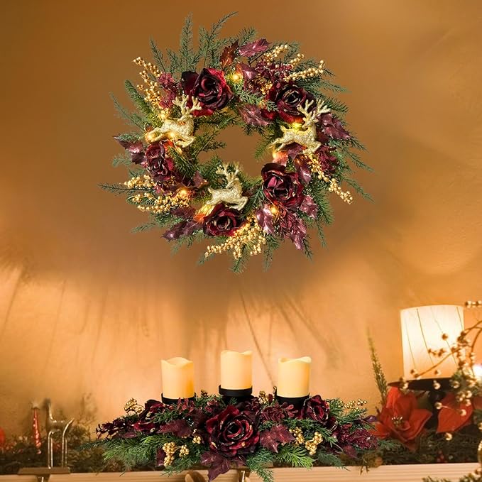 22 Inch Pre-Lit Artificial Christmas Wreath Rose Wreath with Glitter Christmas Deer Reindeers Figurine Decor Berries and Timer for Front Door Window Indoor Outdoor Festive Xmas Holiday