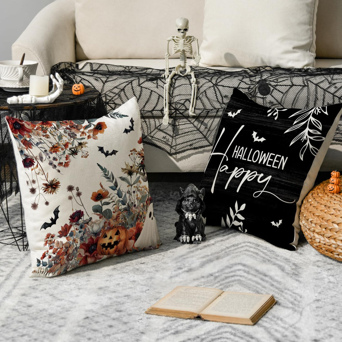 AVOIN colorlife Halloween Horror Wildflowers Ghost Throw Pillow Covers, 18 x 18 Inch Pumpkin Bat Holiday Cushion Case Decoration for Sofa Couch Set of 4