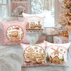 Lanpn Christmas Throw Pillow Covers 18x18 Set of 4, Gingerbread Man House Pillow Covers Christmas Pillowcase Decorative Cushion Cover for Home Bedroom Couch Sofa Decor (Pink)