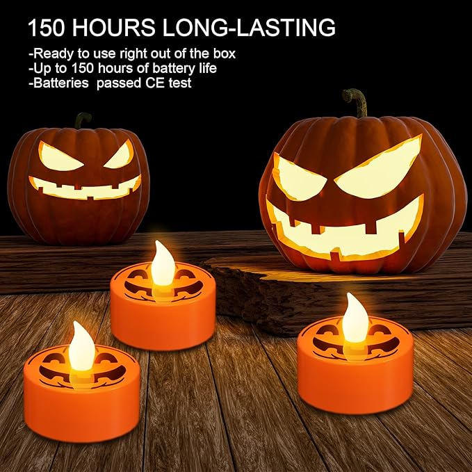 Halloween Tea Lights Candles with 6H Timer, Pumpkin Flameless Candles with Ghost Face Flickering, LED Candles Battery Operated 12 Pack Φ 1.5" H 1.4" for Fall Halloween Decorations