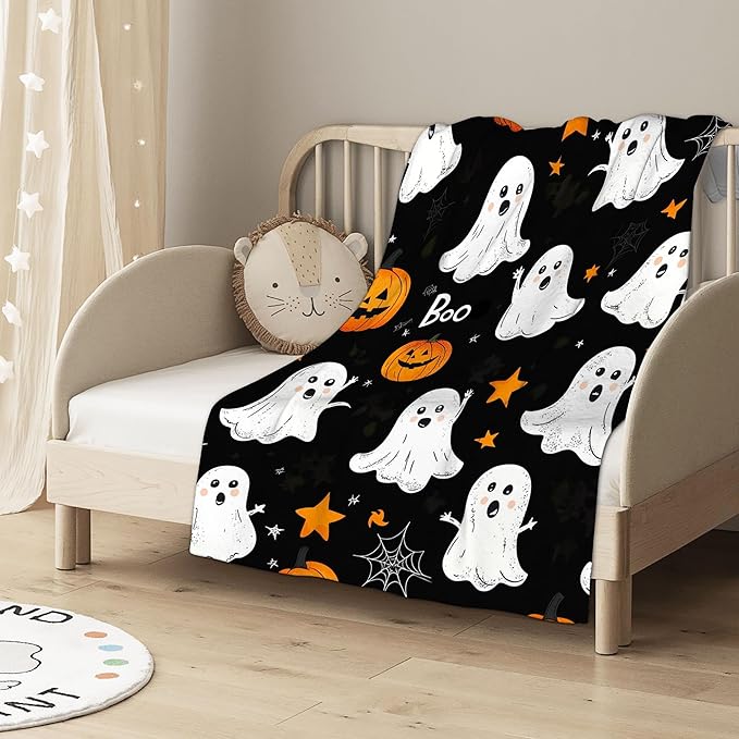 Throw Blanket, Halloween Blanket Cartoon Ghost Pumpkin Throw Blankets for Bed Kids Adults, Lightweight Cozy Blanket for Living Room, Bedroom 50"x60"