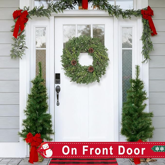 24 Inch Real Touch Lush Christmas Wreaths for Front Door with White Berries/Pine Cone Outdoor Christmas Decorations Winter Wreath Cypress Wreath for Windows Indoor Outside Xmas Home Decor Holiday