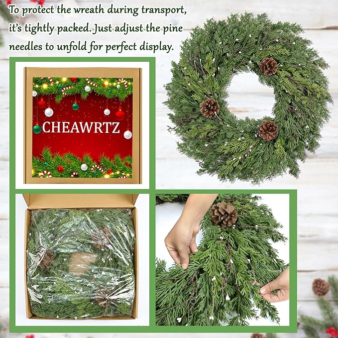 24 Inch Real Touch Lush Christmas Wreaths for Front Door with White Berries/Pine Cone Outdoor Christmas Decorations Winter Wreath Cypress Wreath for Windows Indoor Outside Xmas Home Decor Holiday