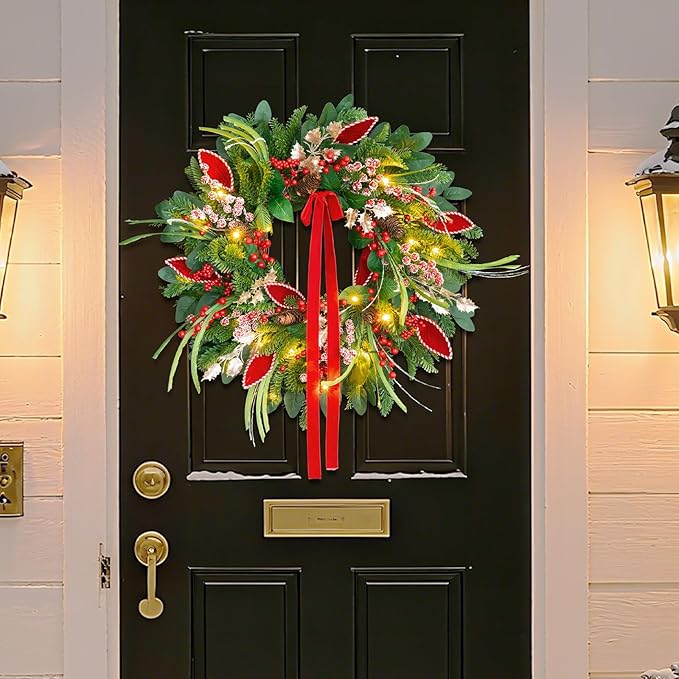 Christmas Wreath with Lights,Outdoor Pre-lit Christmas Wreaths for Front Door-24 Inch Xmas Door Wreath with Pine Needles Pine Cones and Red Berries- Farmhouse Home Christmas Decorations