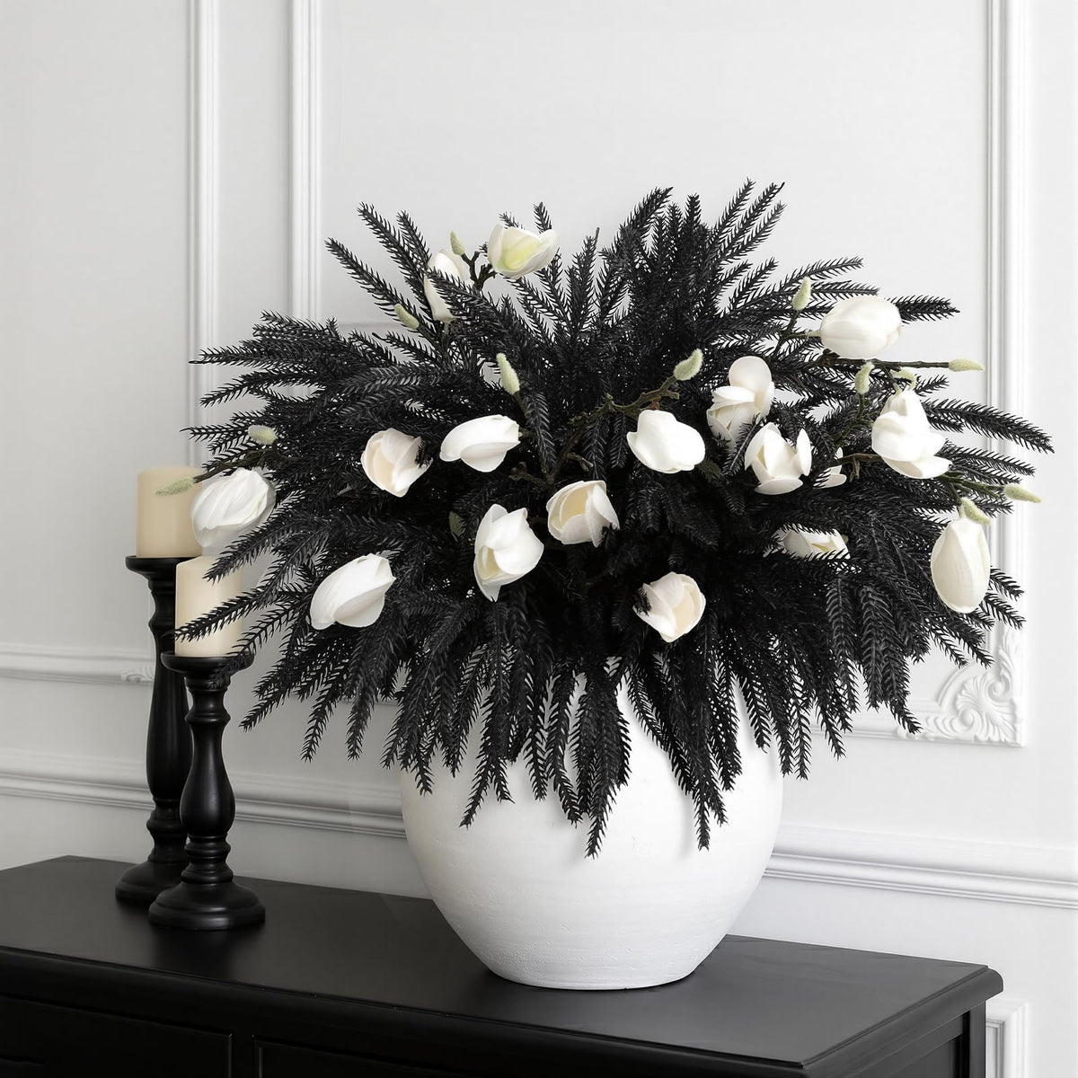 N&T NIETING 12Pcs Halloween Norfolk Pine Stems, 24'' Long Artificial Black Norfolk Pine Branches, Real Touch Picks, Faux Floral Branch for Mantel DIY Xmas Home Decoration Indoor Christmas Decor