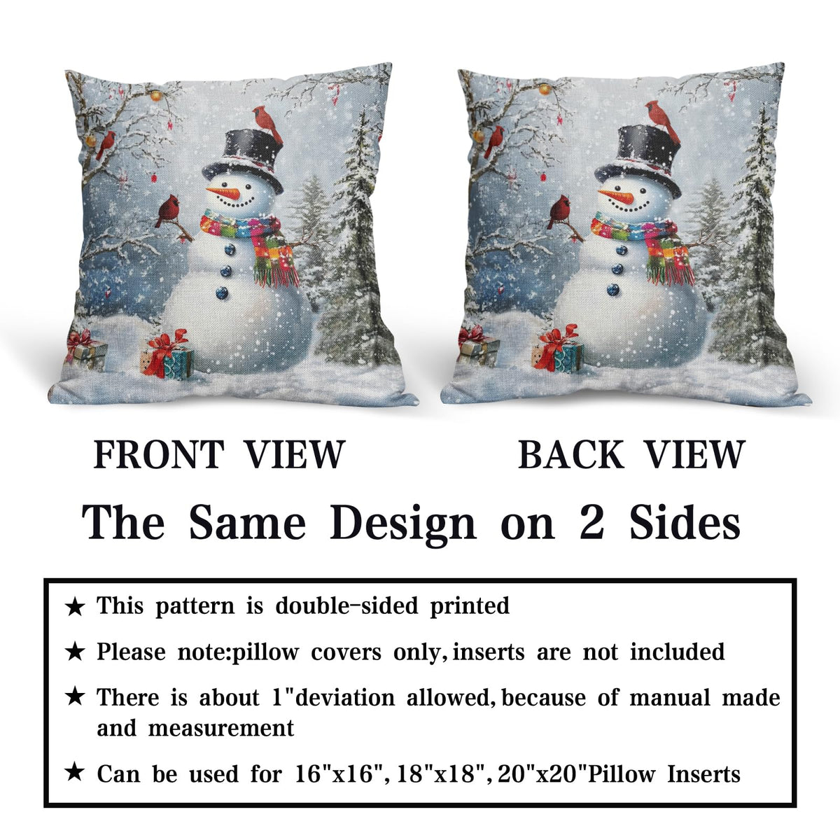 Evlaschin Snowman Pillow Covers Set of 2 Winter Snowflakes Birds Christmas Decorative Throw Couch Pillowcases Cotton Linen Double Sided 20x20 Inches Xmas Trees Holiday Indoor Outdoor Cuchion Covers