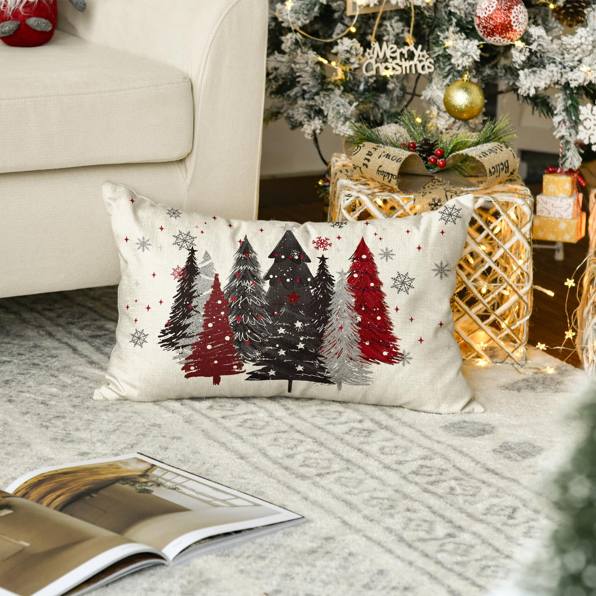 AVOIN colorlife Red and Black Merry Christmas Trees Snowflake Throw Pillow Cover, 12 x 20 Inch Seasonal Winter Holiday Cushion Case Decoration for Sofa Couch