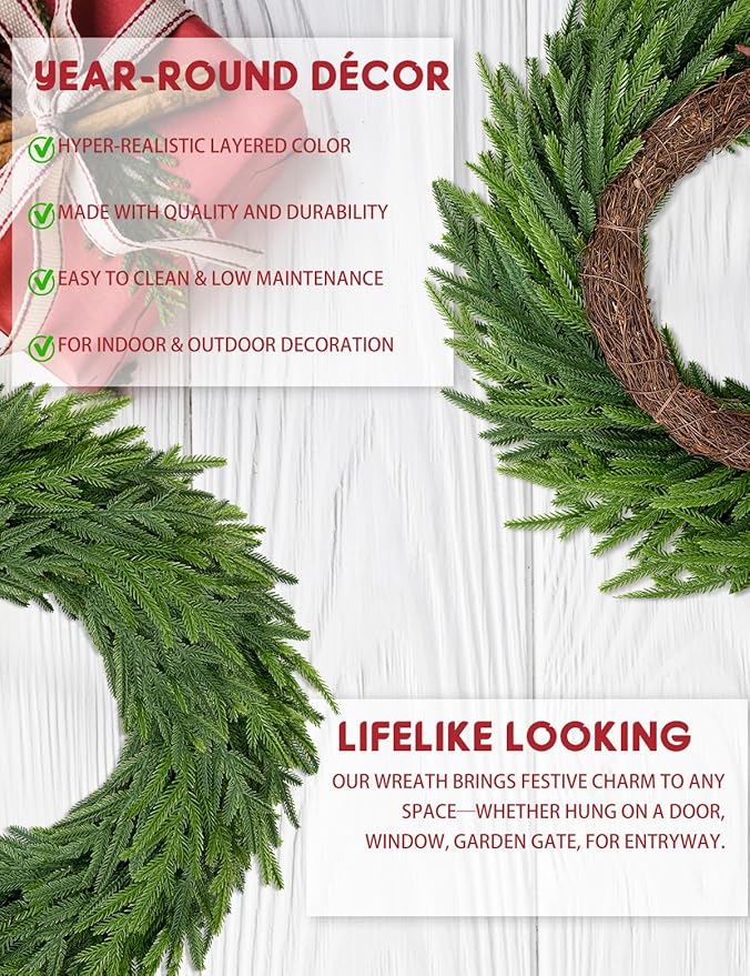 22 Inch Norfolk Pine Wreath - Christmas Wreaths for Front Door, Year-Round Real Touch Greenery Artificial Greenery Wreath for Walls, Windows, Porches, Farmhouse, Indoor/Outdoor Home Décor