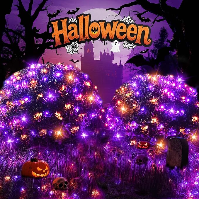 LitHome 21FT x 5FT Halloween Net Lights, 360 LED Purple Orange Bush Lights with 8 Modes, Connectable Waterproof Net Mesh Light Dark Green Wire for Bushes Shrubs Trees Outdoor Holiday Decor
