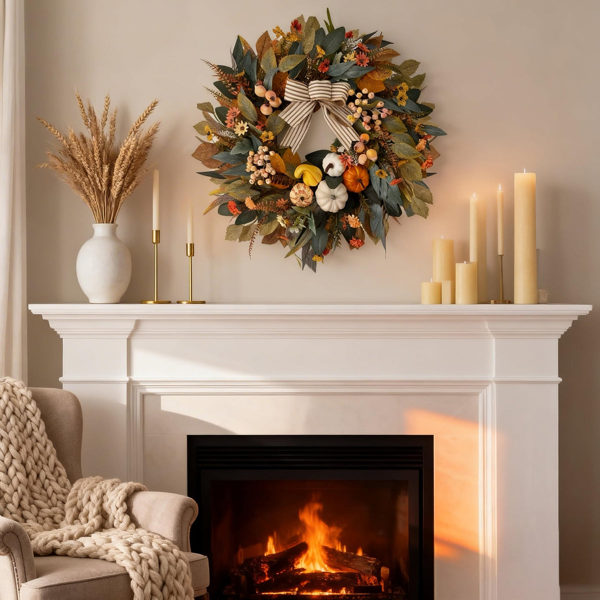 HipTree 24 Inch Fall Wreath for Front Door | Autumn Pumpkin Wreath with Eucalyptus Leaves, Frosted Berries & Striped Bow, Rustic Farmhouse Thanksgiving Decor for Indoor Outdoor Porch Wall Home