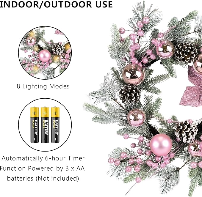 20" Christmas Wreaths for Front Door, Artificial Christmas Wreath Decoration with Lights, Winter Wreaths with Pine Cones,Bow,Balls Ornaments for Indoor Outdoor Home Decor (Pink)
