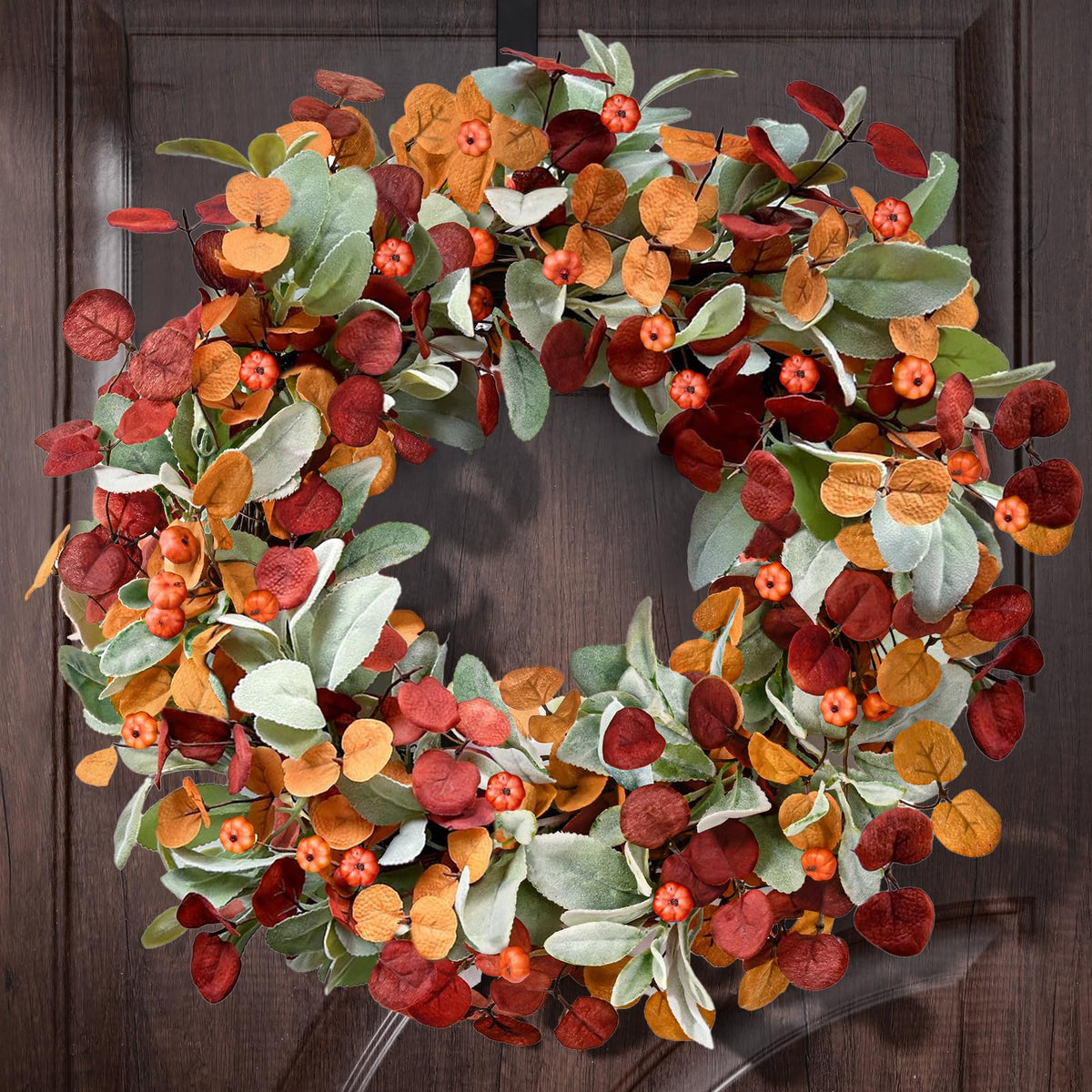 Waipfaru Fall Decor, 22 Inch Fall Wreaths for Front Door, Autumn Door Wreath with Lambs Ears Leave Eucalyptus Leaves Pumpkin Thanksgiving Harvest Halloween Farmhouse Home Outdoor Porch Indoor Decor