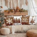 Lanpn Christmas Throw Pillow Covers 18x18 Set of 4, Merry Christmas Winter Xmas Snowflake Decorative Holiday Cushion Pillow Cases 18 x 18 for Outdoor Indoor Farmhouse Home Room Couch Decor (Brown)