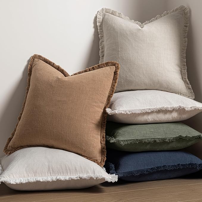 MIULEE Christmas Decorative Throw Pillow Covers Neutral Linen Fringe Throw Pillows Euro Shams Set of 2 Natural Beige Boho Farmhouse Cushion Covers for Couch Sofa Bed Living Room Home Decor 24x24 Inch