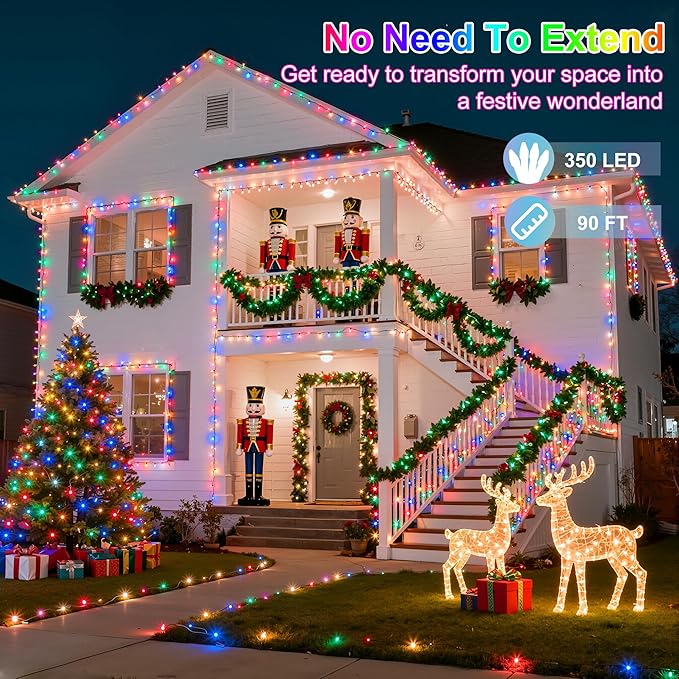 350LED Christmas Lights Indoor Outdoor, 90ft 12 Modes Multicolor LED String Lights with Timer Dimmable, Waterproof Tree Lights for Xmas Patio Yard Fence Bedroom Wedding Garden Decor Multicolor