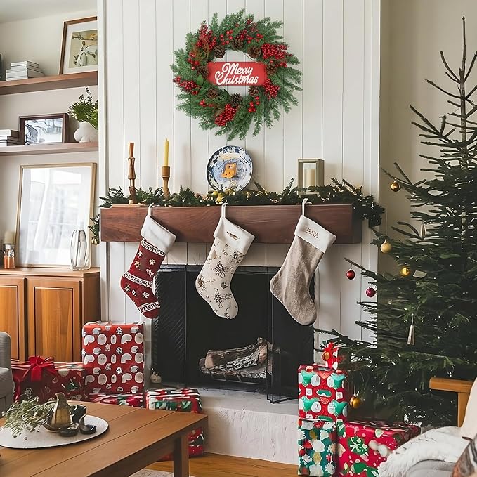 Christmas Wreaths for Front Door,Winter Wreaths for Indoor and Outdoor Decorations,Christmas Door Wreath with Pine Cones and Leaves,Berries,Wood Sign for Decor