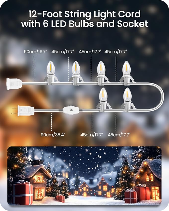 Christmas Village Lights, Decoration String Lights 12Ft with 6 C7 LED Bulbs, Warm White, with Socket and Switch, for Christmas Snow House,Pumpkin Crafts,Holiday Decoration W04VL05