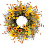 Fall Wreaths for Front Door 20 Inch Rustic Artificial Wreath Sunflower Maple Leaf Rice Ears Autumn Decoration for Halloween Thanksgiving Christmas