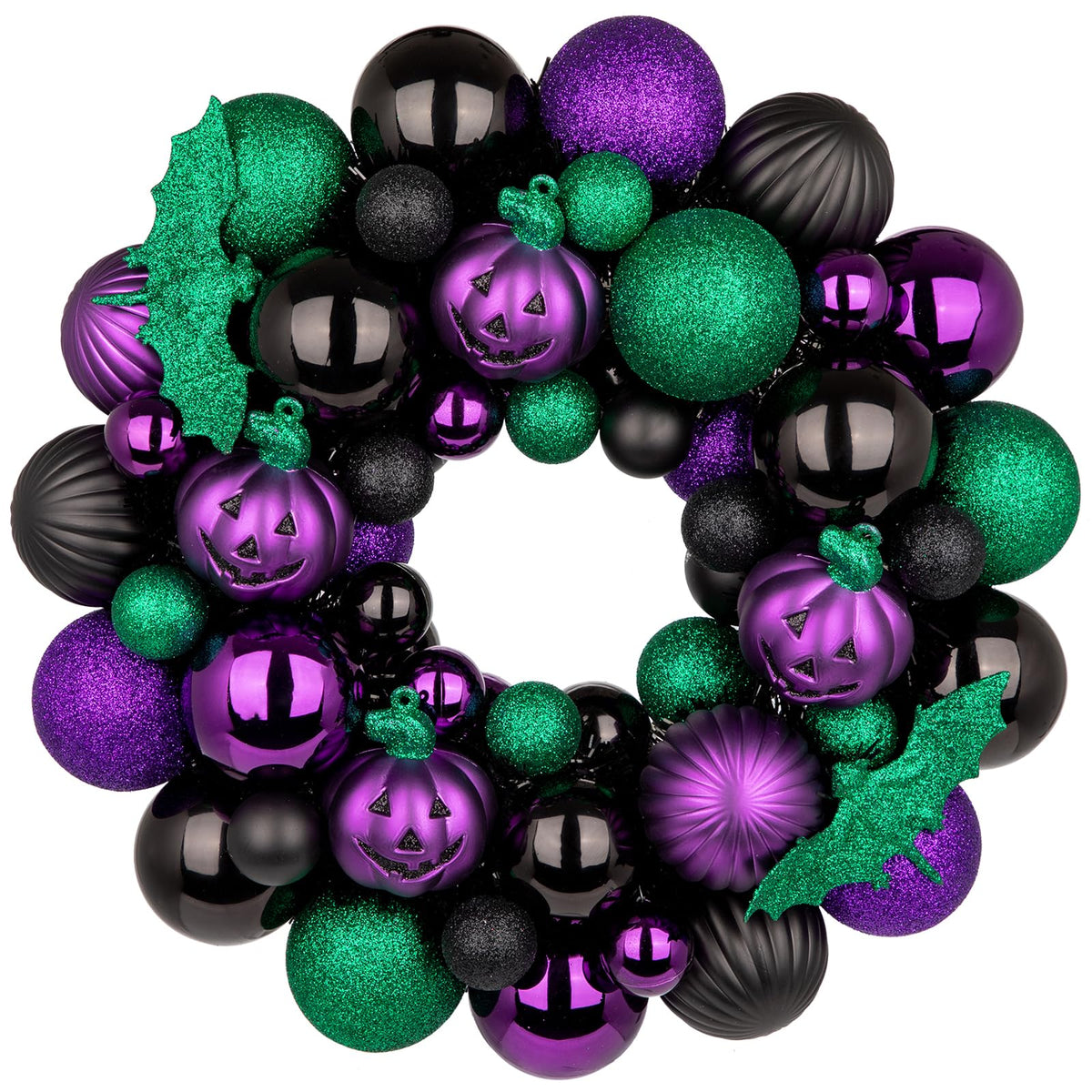 Halloween Wreath for Front Door, 13 inch Small Halloween Ball Wreath with Pumpkins Bats Shatterproof Front Door Wreaths Green/Purple/Black Ball Ornament for Wall Mantel Porch Indoor Outdoor Decor