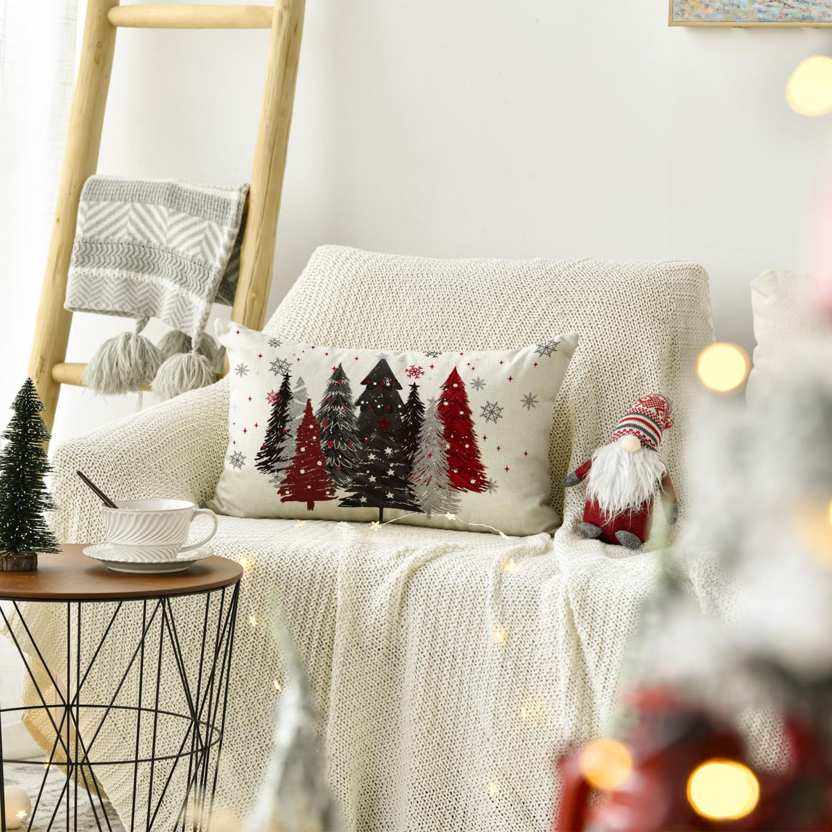AVOIN colorlife Red and Black Merry Christmas Trees Snowflake Throw Pillow Cover, 12 x 20 Inch Seasonal Winter Holiday Cushion Case Decoration for Sofa Couch
