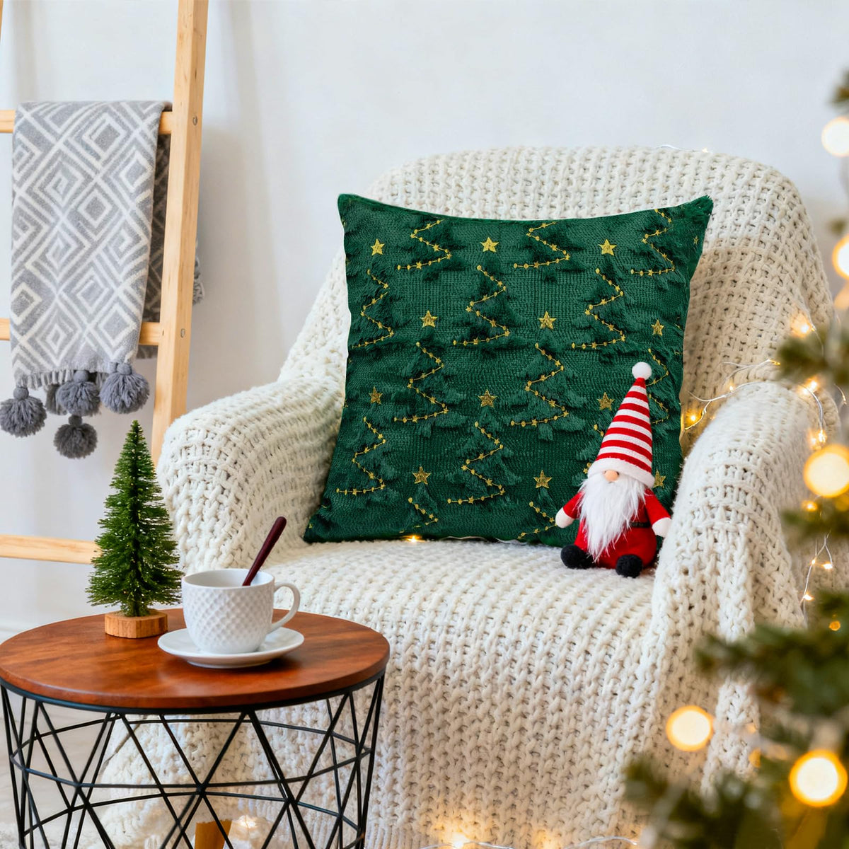 YIOTJUNL Christmas Pillow Covers 18x18 Set of 2 Soft Plush Embroidered Cushion Covers Decorative Gold Star Beige Christmas Tree Throw Pillow Cases Decorations for Winter Holiday Sofa Home Decor