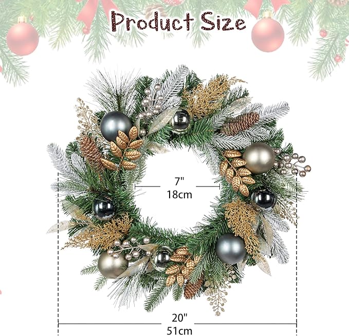 20 inch Christmas Door Wreath, Norfolk Pine Wreaths for Front Door with Silver Ball Glittered Leaf Spray Stems Pinecones Berries for Fireplace Xmas Decorations, Wall Window Indoor Outdoor Decor