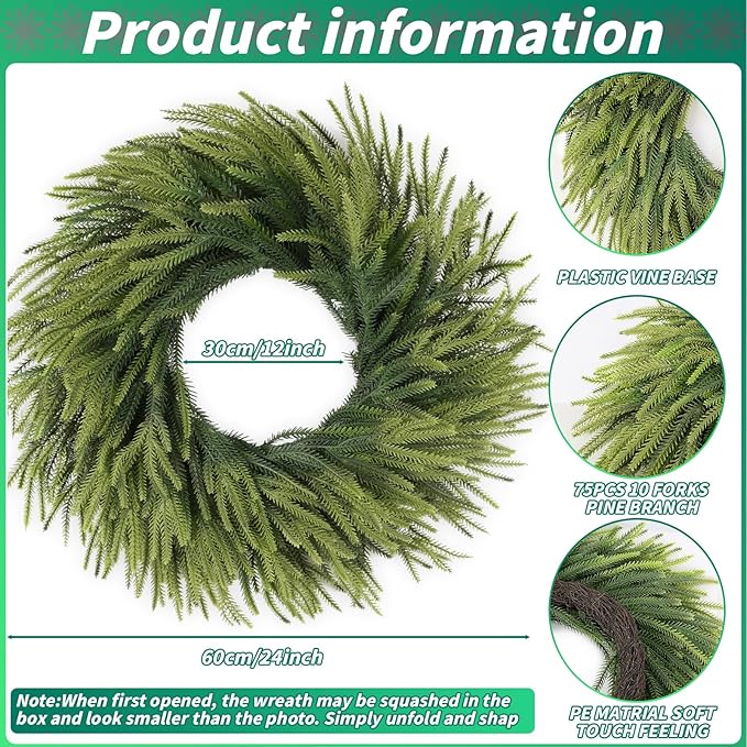 24 inch Norfolk Pine Wreath, Realistic Christmas Wreath for Front Door,Artificial Real Touch Green Wreath Greenery for Door Wall Windows Mantle Outdoor Christmas Decoration