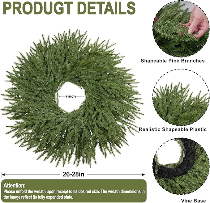 26 Inch Christmas Wreaths for Front Door Real Touch Norfolk Pine Wreath Large Artificial Green Wreath Indoor Outdoor Farmhouse Front Door Holiday Decoration Winter Home Hanging Xmas Decor