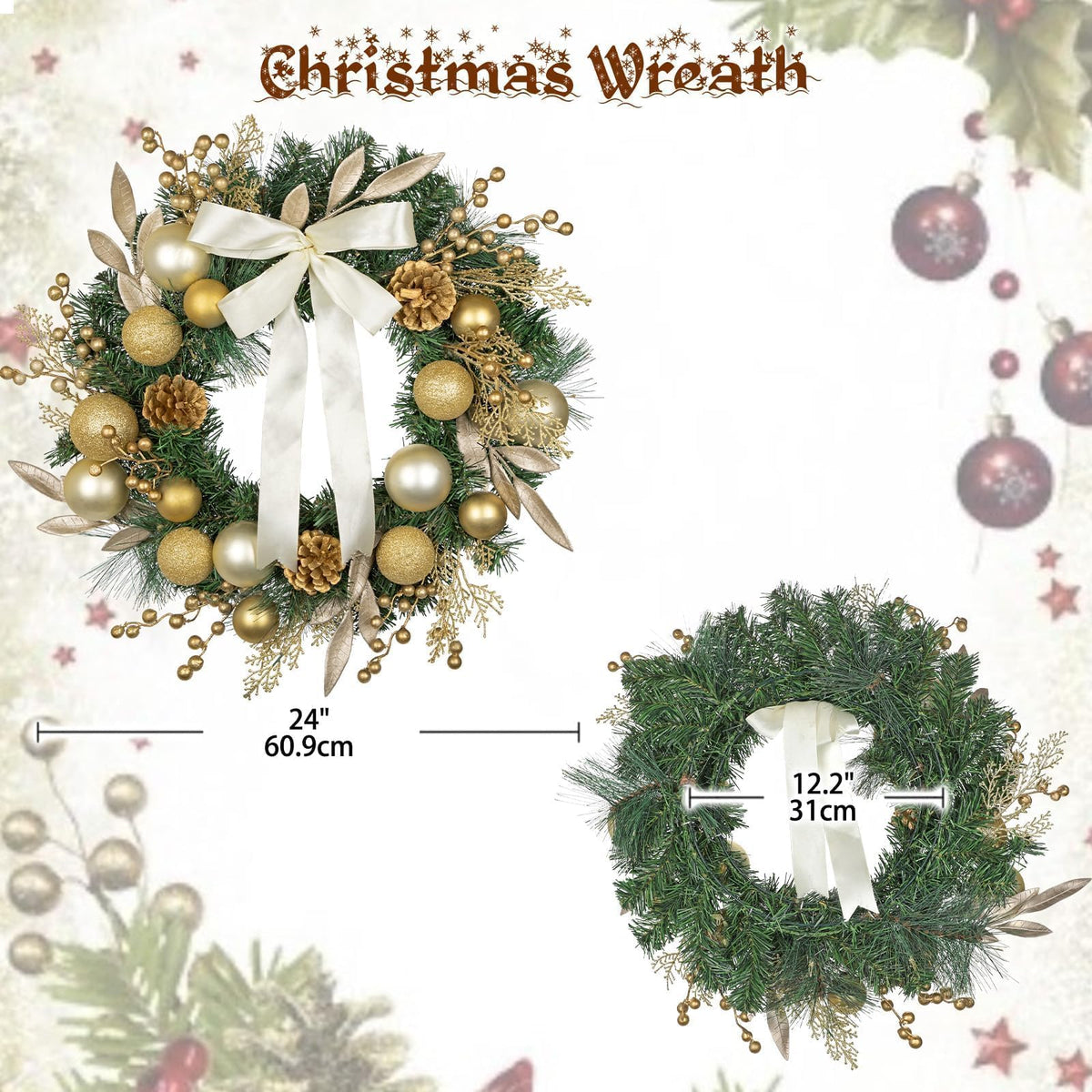 24 inch Christmas Door Wreath, Large Gold Wreaths for Front Door with Champagne Bow Golden Ball Glittered Leaf Spray Stems Pinecones for Fireplace Xmas Decorations, Wall Window Indoor Outdoor Decor