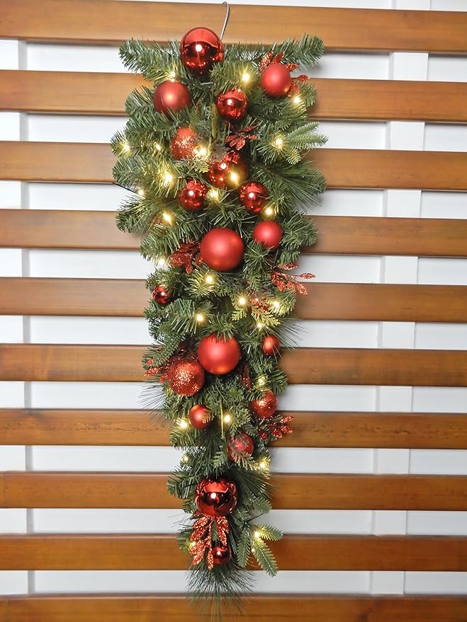3.5 Feet Pre-lit Christmas Ornament Artificial Pine Teardrop w 23 Red Balls Real Grapevine Base (30 LED Lights, 8 Flash Options) for Xmas Decor at Shop Home Table Cabinet Door Wall Window (Battery)