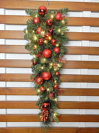 3.5 Feet Pre-lit Christmas Ornament Artificial Pine Teardrop w 23 Red Balls Real Grapevine Base (30 LED Lights, 8 Flash Options) for Xmas Decor at Shop Home Table Cabinet Door Wall Window (Battery)