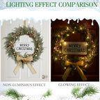 Lighted Christmas Artificial Cedar Wreath for Front Door with Hanger Christmas Wreaths Faux Norfolk with Velvet Bow LED Lights Jingle Bells Pinecone Berries Indoor Window Xmas Holiday Decor(Gold)