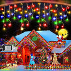 50FT 480 LED Christmas Lights Outdoor Decorations with 90 Drops Timer 8Mode Curtain String Lights Waterproof Plug in Fairy Lights for Indoor,Xmas,Party,Patio,Window,Fence,Trees Decor(Multicolor)