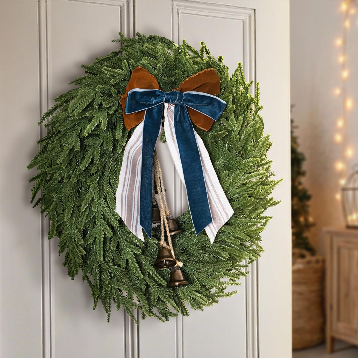 Christmas Decorations - 22 Inch Norfolk Pine Christmas Wreath with Bells and Ribbon - Artificial Pine Greenery Winter Wreath for Home Table Wall Window Porch Door Indoor Outdoor Decor