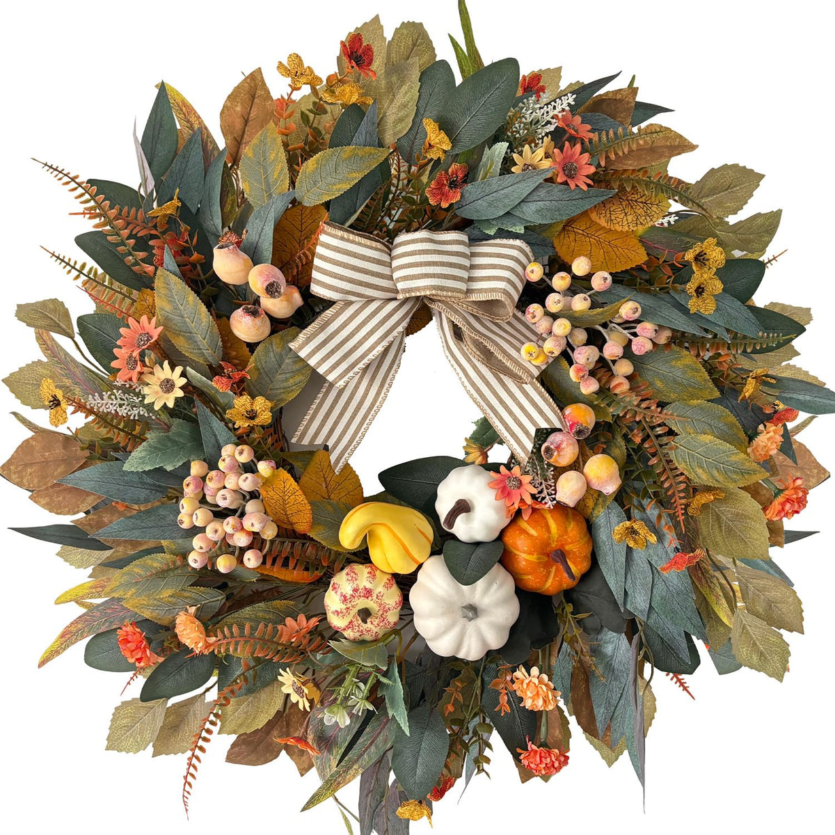 HipTree 24 Inch Fall Wreath for Front Door | Autumn Pumpkin Wreath with Eucalyptus Leaves, Frosted Berries & Striped Bow, Rustic Farmhouse Thanksgiving Decor for Indoor Outdoor Porch Wall Home