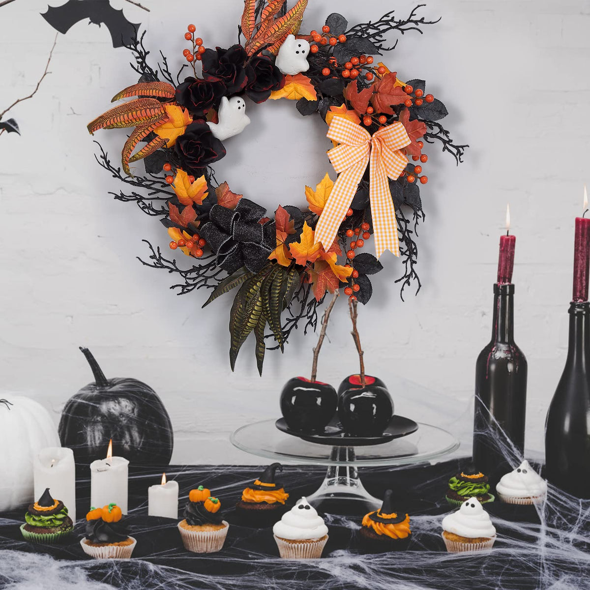 LinTimes Halloween Wreaths for Front Door, 26Inch Ghost Wreath with Ribbon Black Rose Maple Berries Feather for Indoor Outdoor Wall Window Front Door Porch Mantle Halloween Decoration