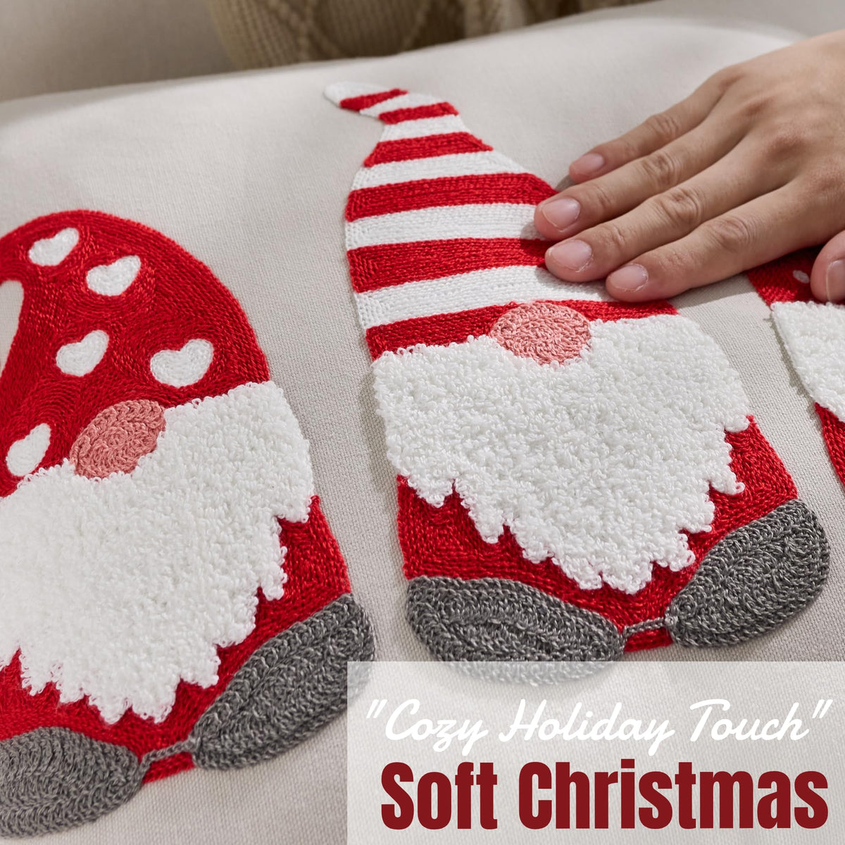 Farmhouse Christmas Pillow Covers 18x18 Set of 2, Xmas Embroidered Throw Cushion Cases with Festive Patterns for Rustic Home Holiday Decor (Gnome Trio Light Grey, 18" x 18" (Pack of 2))