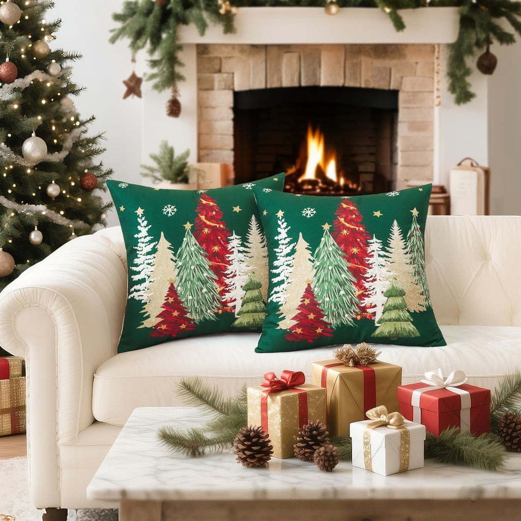 Artscope Christmas Tree Throw Pillow Covers 18x18 Inch Set of 2, Winter Hoilday Christmas Decoration Pillow Cases for Home Decor-Green