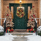 22 Inch Pre-Lit Artificial Christmas Wreath Rose Wreath with Glitter Christmas Deer Reindeers Figurine Decor Berries and Timer for Front Door Window Indoor Outdoor Festive Xmas Holiday