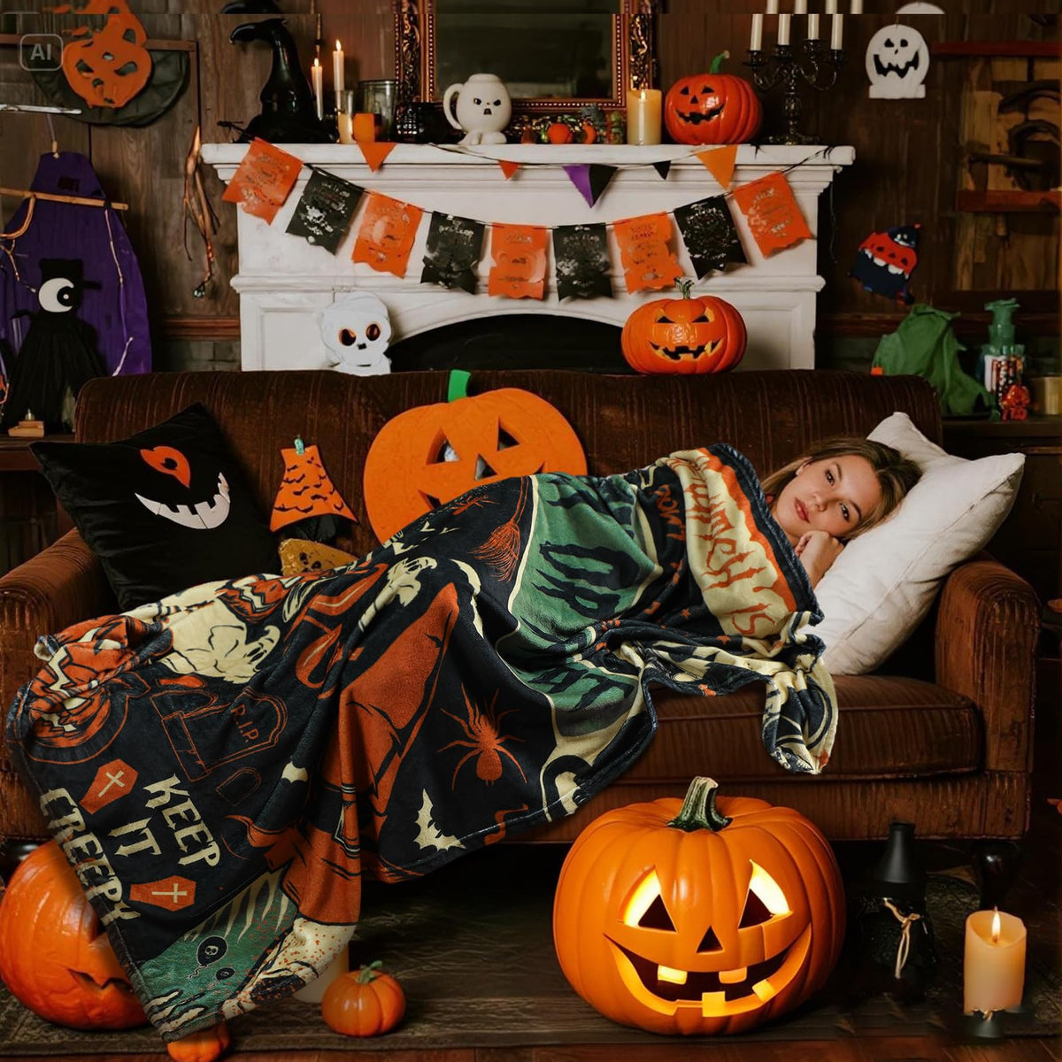 Breling Halloween Throw Flannel Blanket Ghost Skeleton Cozy Fuzzy Warm Throw Blanket Vintage Scary Halloween Themed Print for Winter Couch Sofa Bed Home Decor 60"x50"