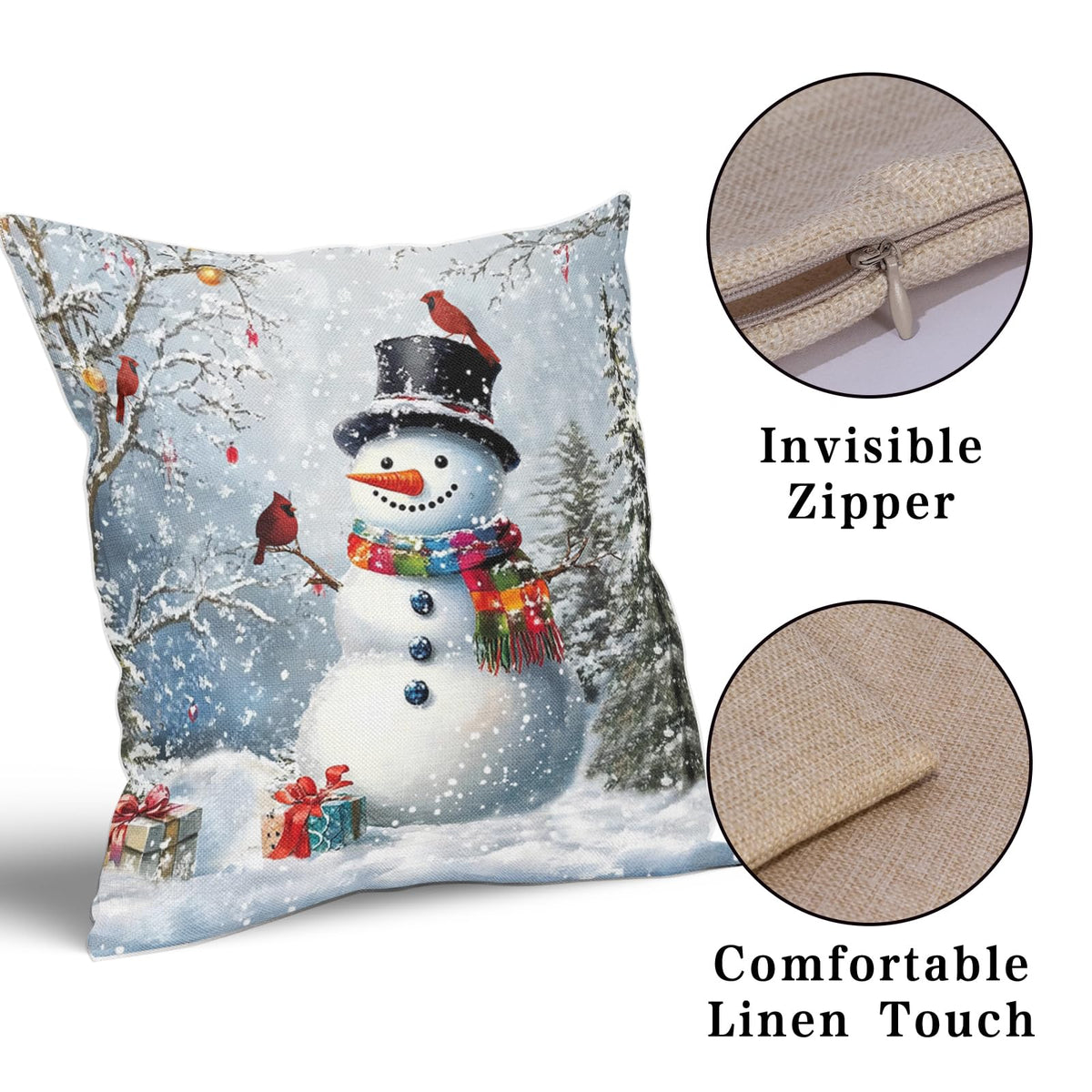 Evlaschin Snowman Pillow Covers Set of 2 Winter Snowflakes Birds Christmas Decorative Throw Couch Pillowcases Cotton Linen Double Sided 20x20 Inches Xmas Trees Holiday Indoor Outdoor Cuchion Covers