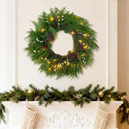Prelit Christmas Wreaths for Front Door 24 Inch- Real Touch Norfolk Pine Wreath with Lights,Green Evergreen Outdoor Xmas Wreath with Natural Pine Cones and Berries for Farmhouse Home Decor