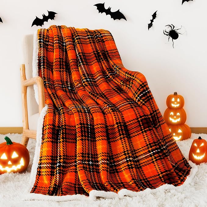 Touchat Sherpa Halloween Plaid Throw Blanket(60" X 70", Plaid Orange), Fuzzy Fluffy Cozy Soft Blanket, Fleece Flannel Plush Twin Size Microfiber Blanket for Couch Bed Sofa