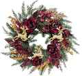 22 Inch Pre-Lit Artificial Christmas Wreath Rose Wreath with Glitter Christmas Deer Reindeers Figurine Decor Berries and Timer for Front Door Window Indoor Outdoor Festive Xmas Holiday