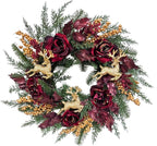22 Inch Pre-Lit Artificial Christmas Wreath Rose Wreath with Glitter Christmas Deer Reindeers Figurine Decor Berries and Timer for Front Door Window Indoor Outdoor Festive Xmas Holiday